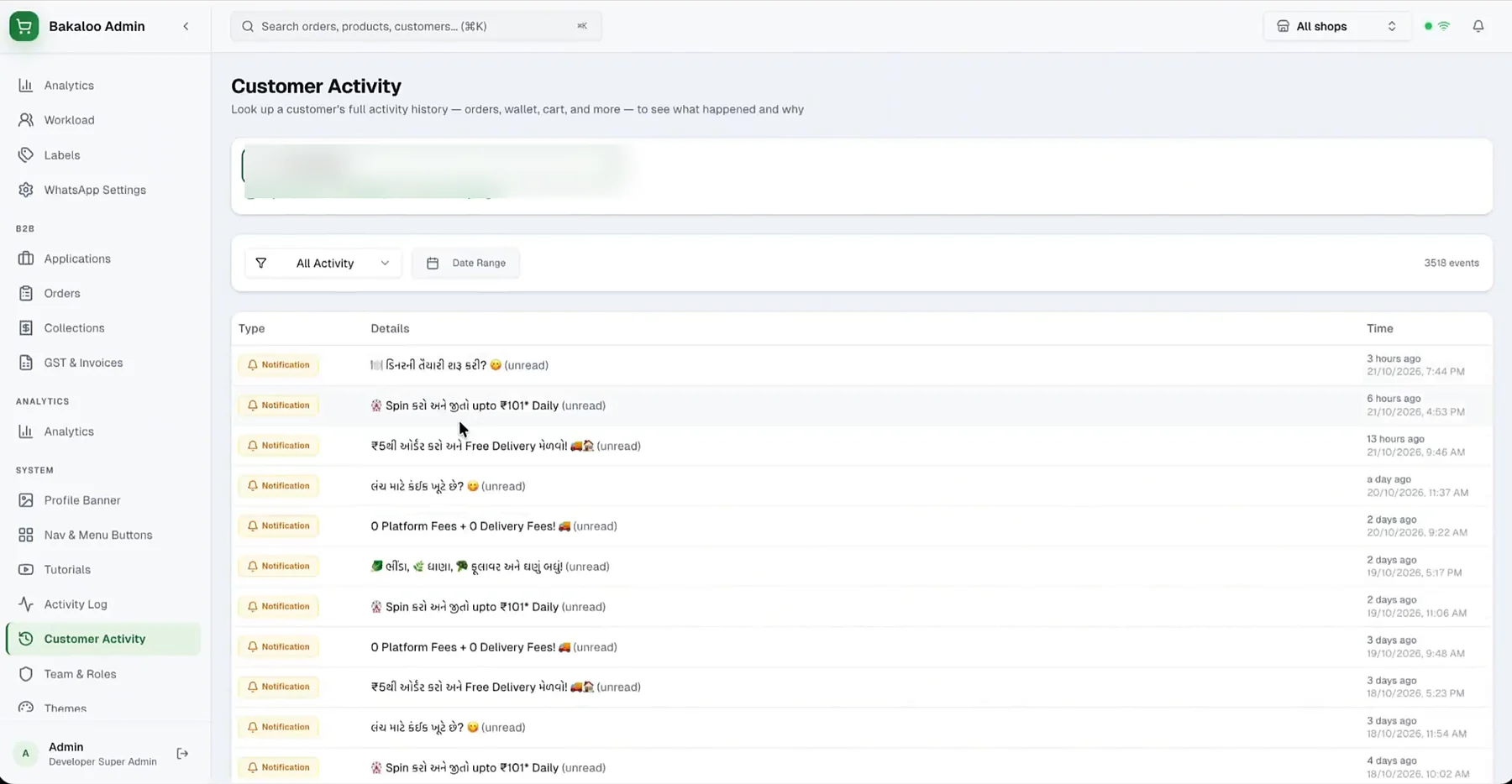 Bakaloo customer activity timeline listing notifications, carts and wallet events