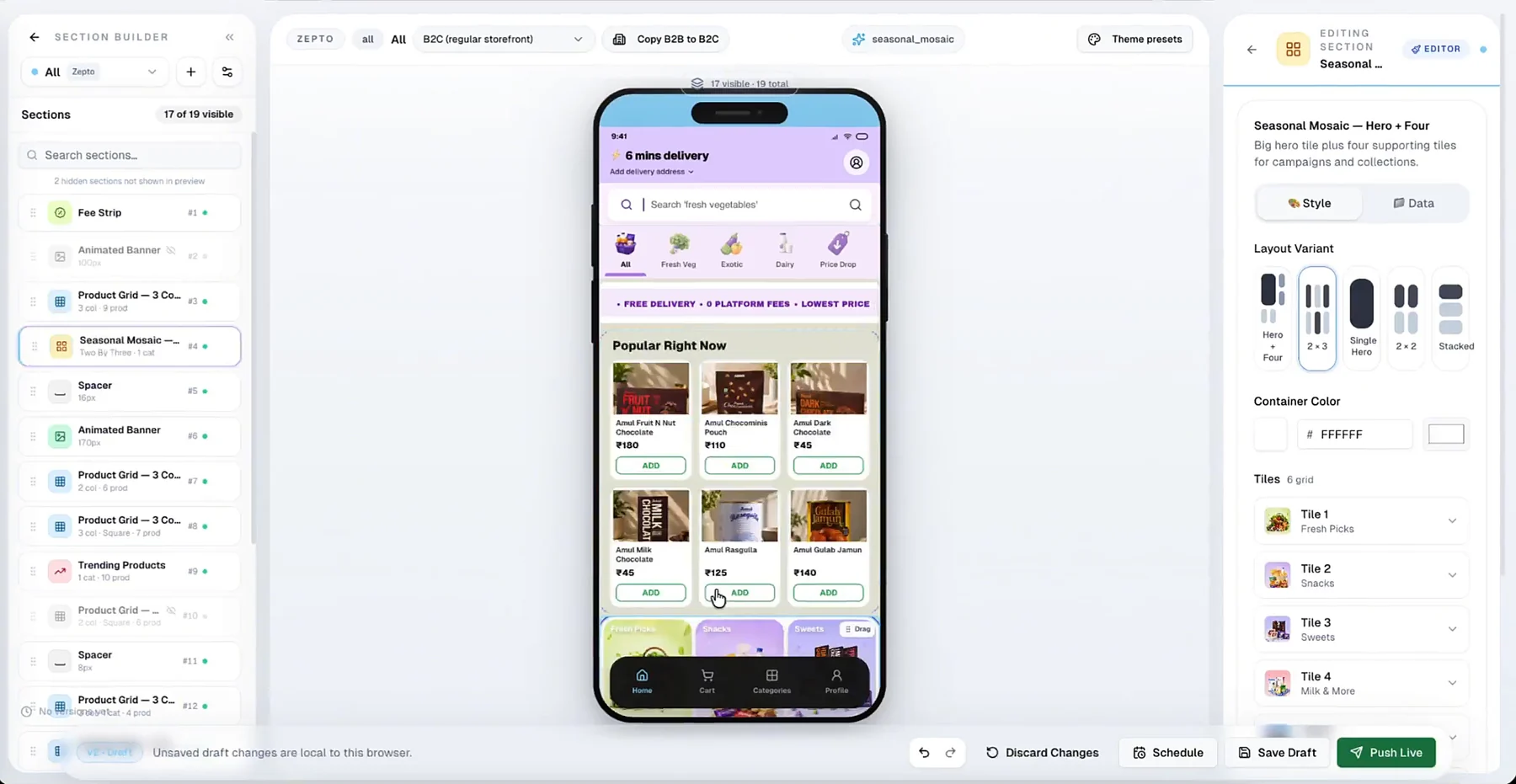 Bakaloo builder switching a seasonal mosaic section to a product grid layout