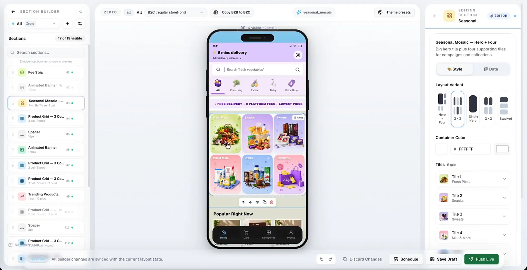 Bakaloo storefront section builder with live phone preview, layout variants and publishing
