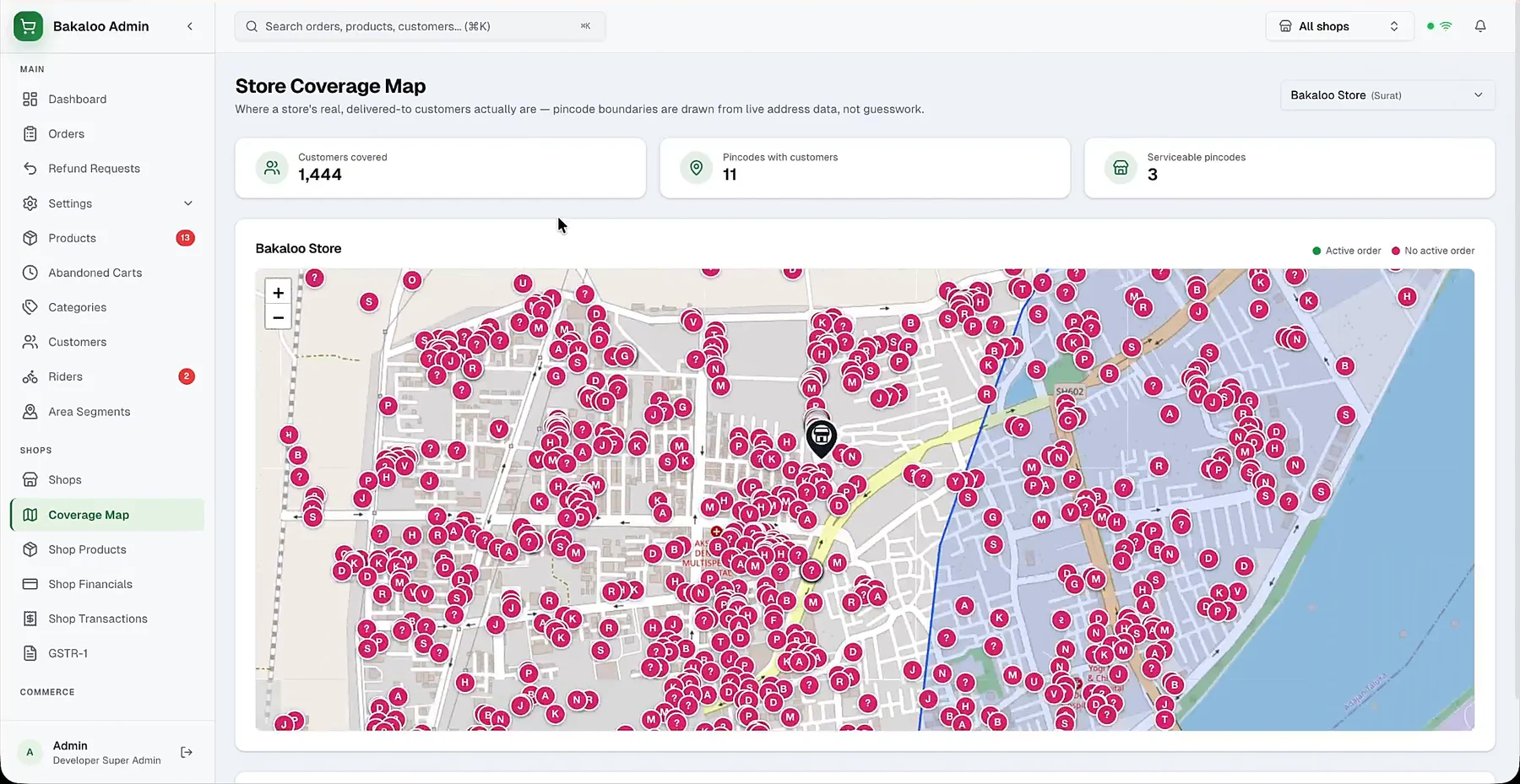 Bakaloo coverage map zoomed in with every delivered customer plotted