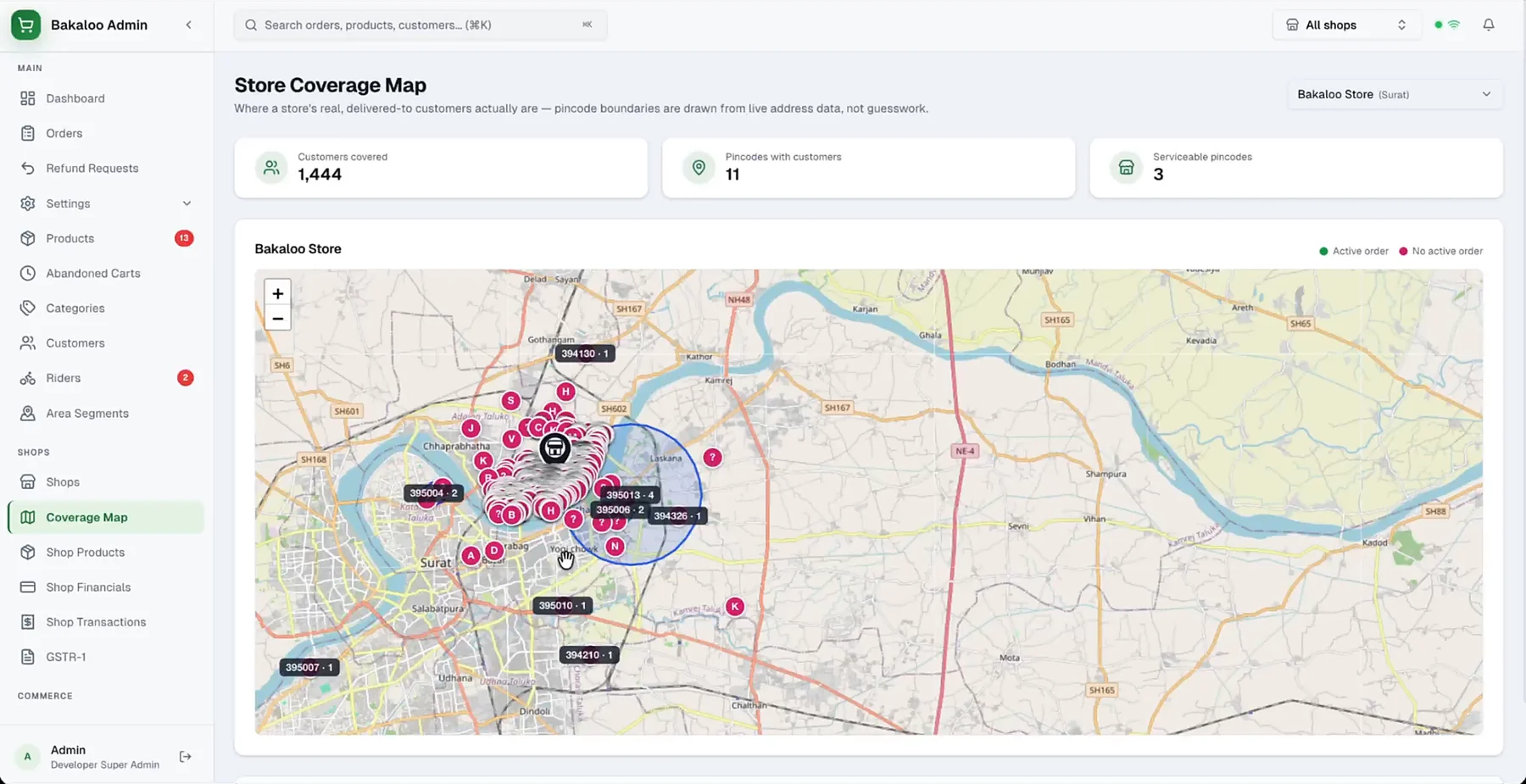 Bakaloo store coverage map around Surat with pincode clusters and delivery radius