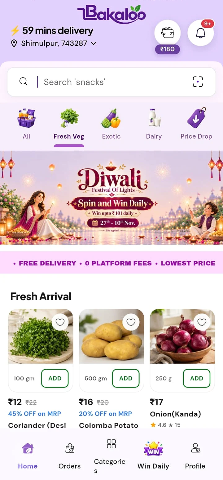 Bakaloo app with a Diwali spin-and-win campaign and fresh arrivals