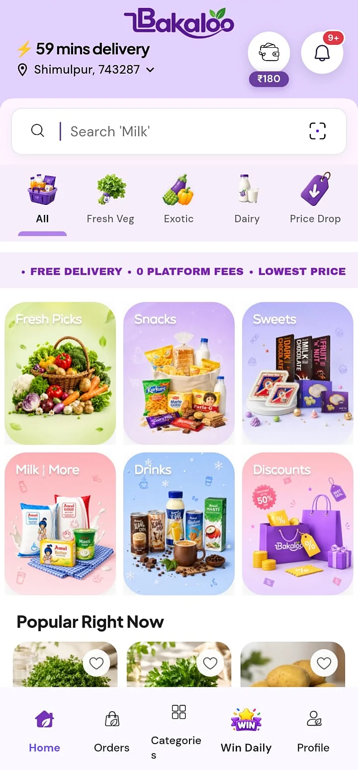 Bakaloo customer app home with categories, free delivery strip and collections