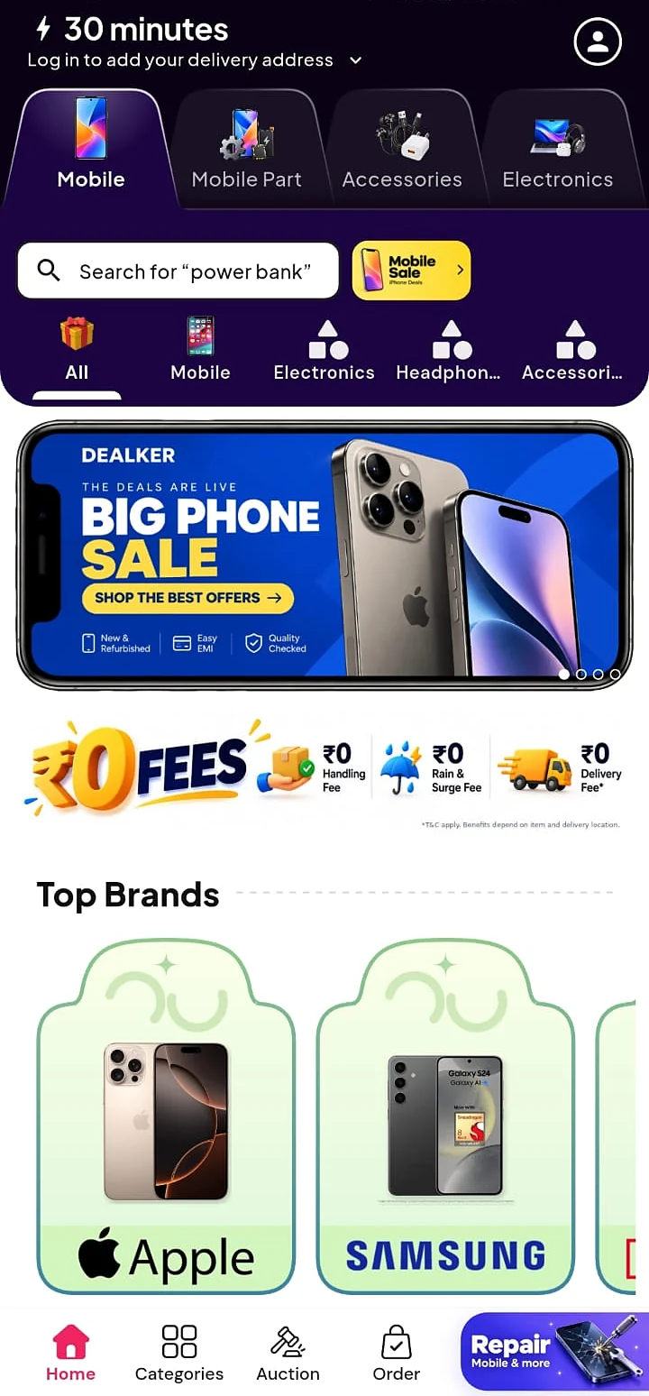 Dealker app with mobile categories, big phone sale, zero fees and Apple and Samsung brands