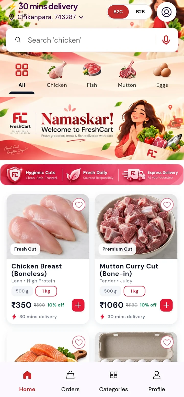 FreshCart customer app with chicken, fish, mutton and eggs categories and premium cuts