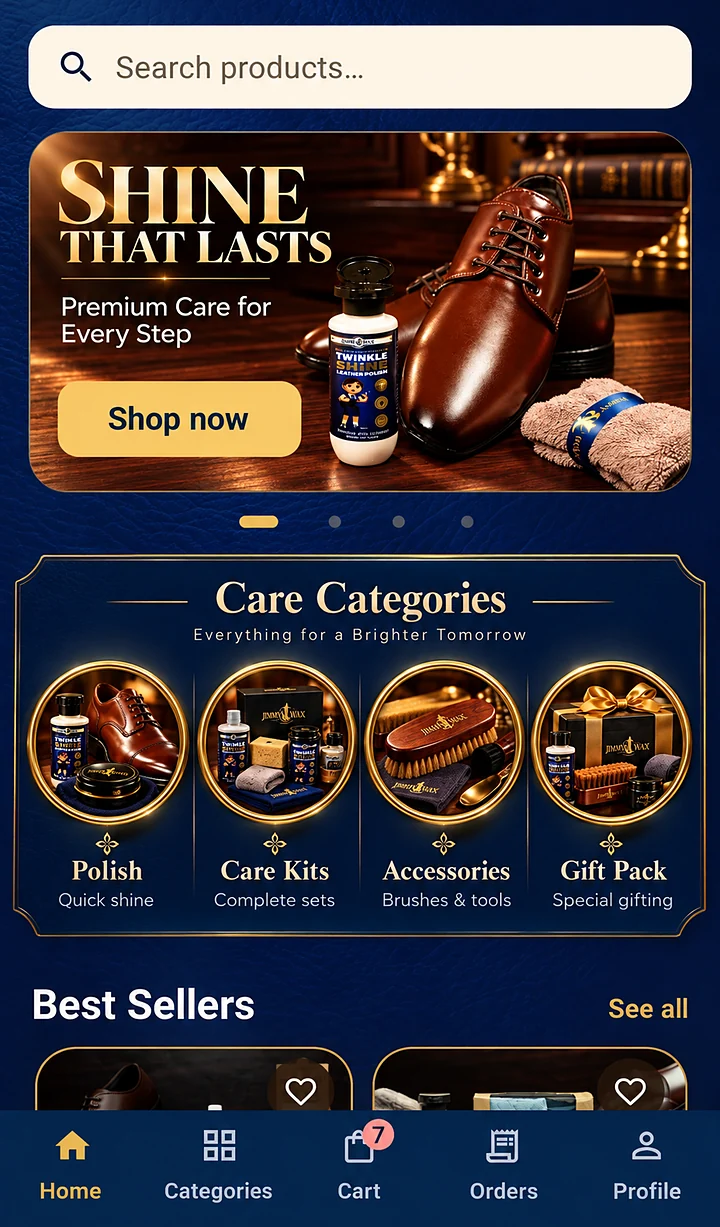 Jimmy & Wax app with Shine That Lasts banner, care categories and best sellers