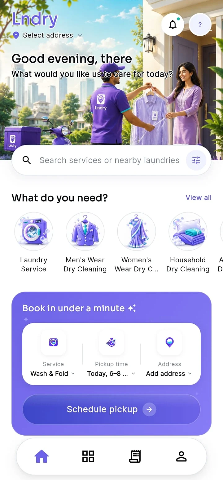 LNDRY customer app with laundry and dry-cleaning services and schedule pickup