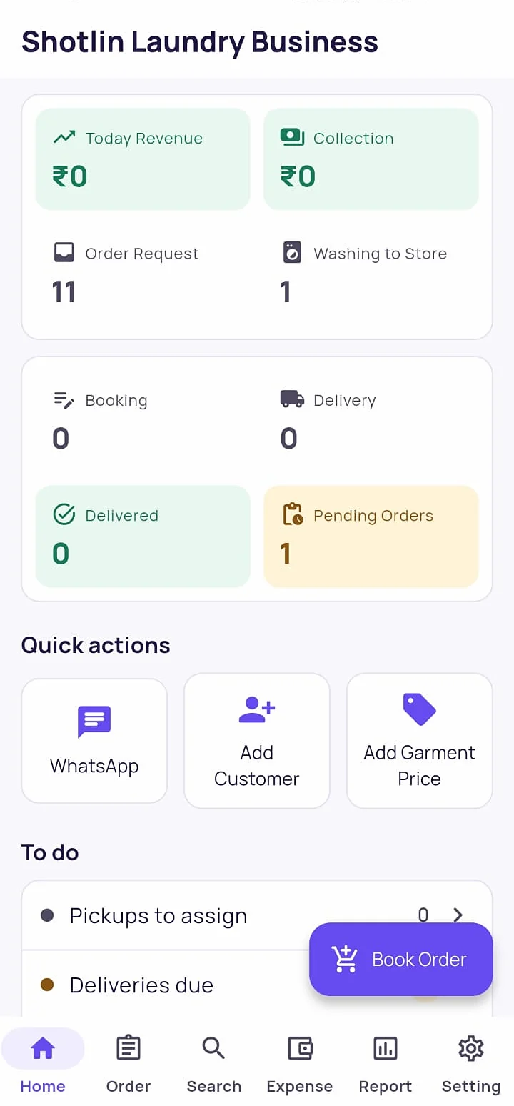 LNDRY partner app with today revenue, order requests, bookings and quick actions