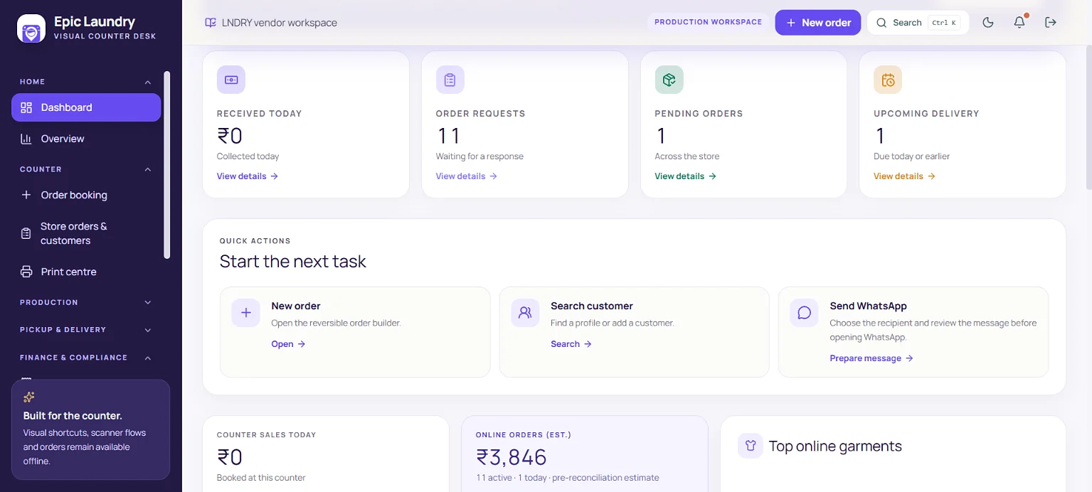 LNDRY management system dashboard with order requests, pending orders and quick actions