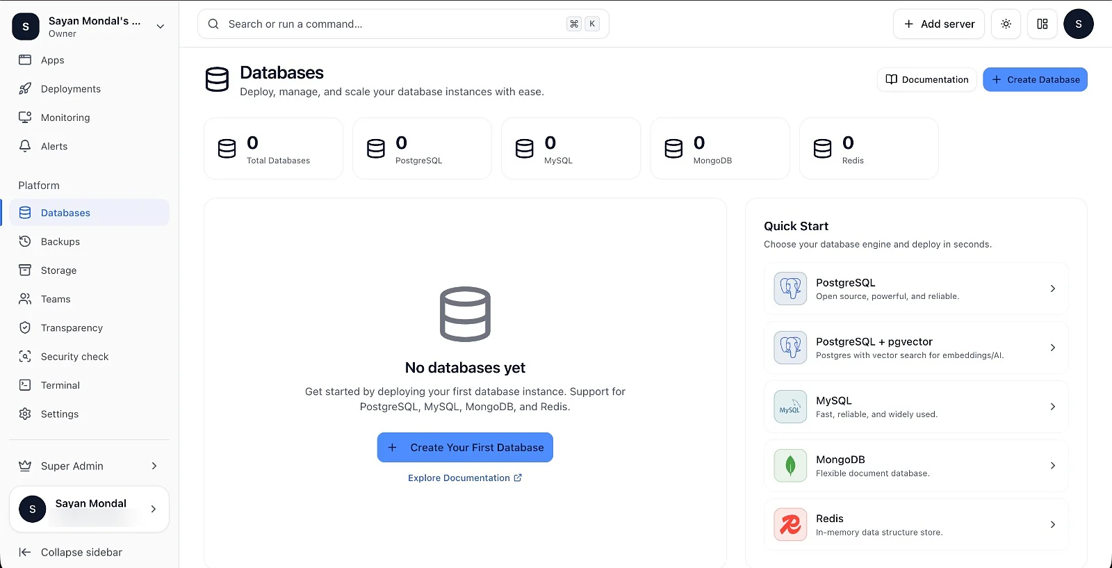 Opslin databases screen with quick start for PostgreSQL, pgvector, MySQL, MongoDB and Redis