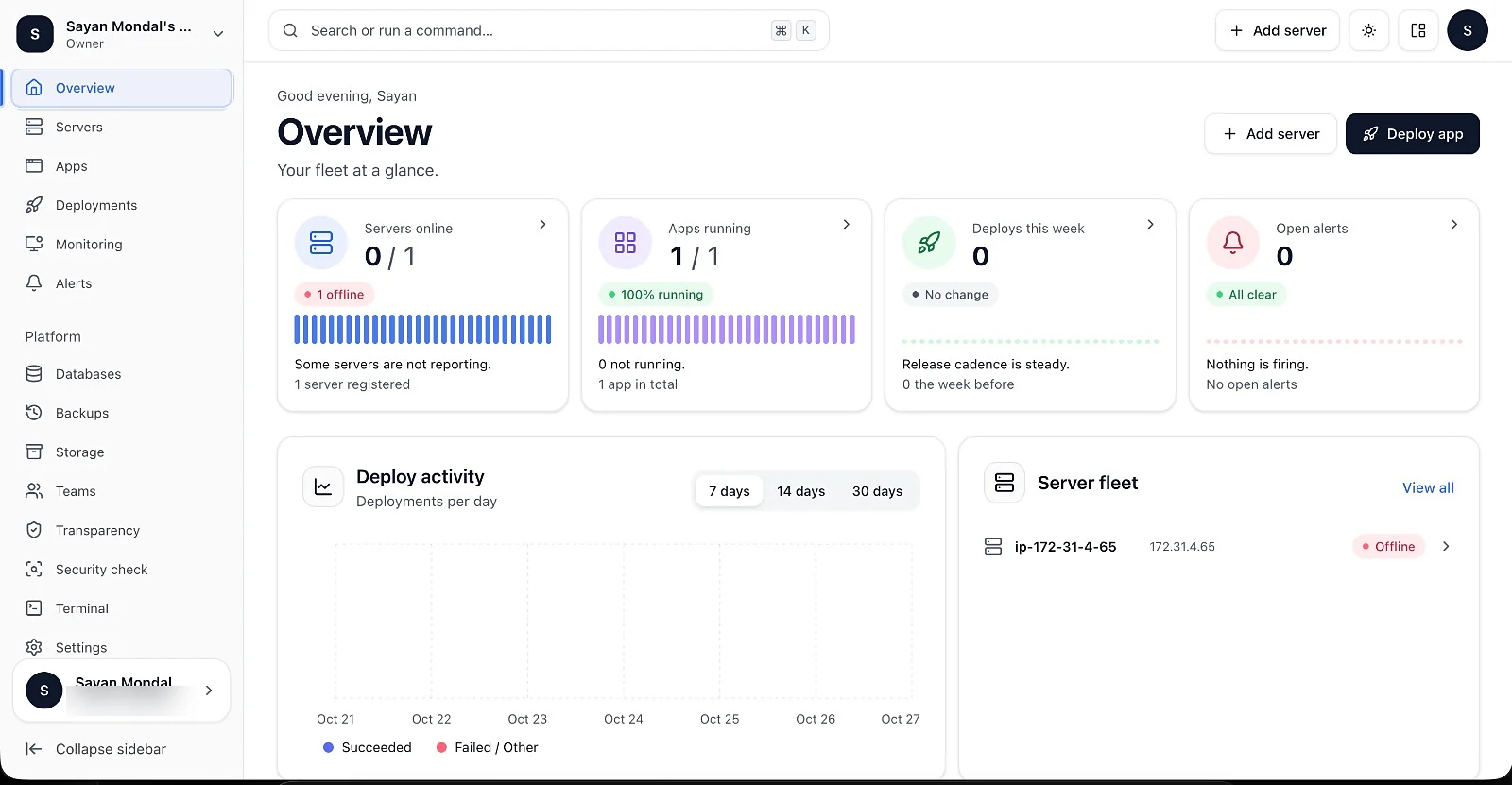 Opslin fleet overview with servers online, apps running, deploy activity and server fleet