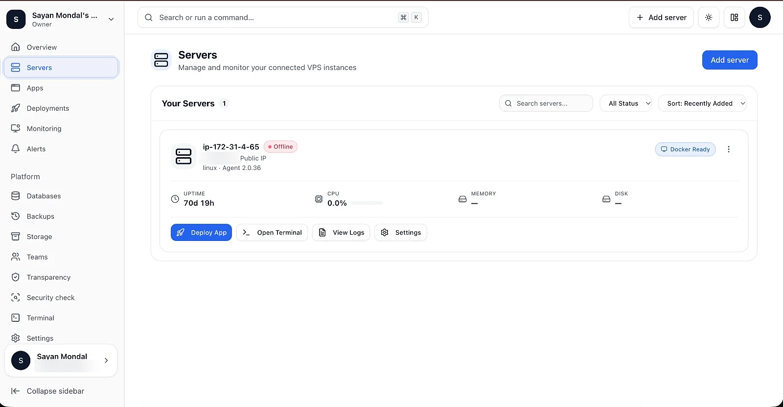 Opslin servers screen with a connected VPS, uptime, CPU and one-click deploy, terminal and logs