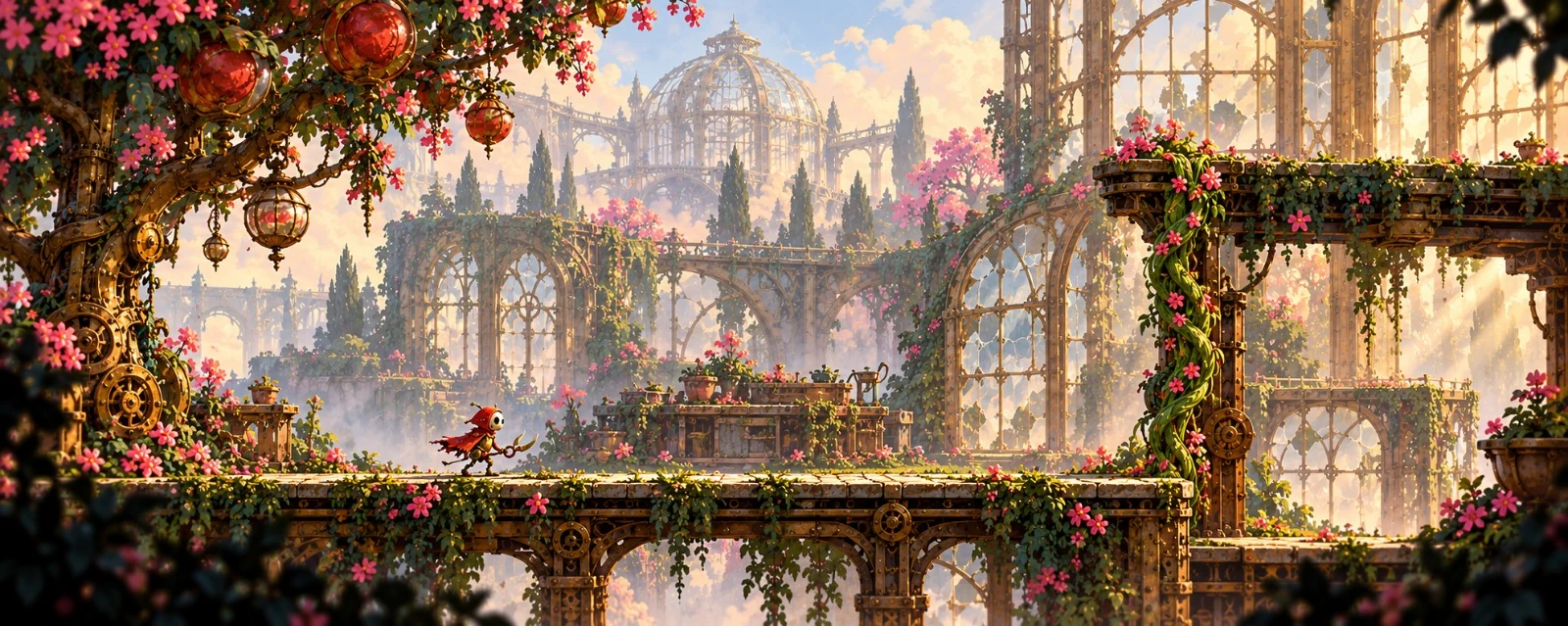 Rustbloom gameplay: a small red-cloaked hero in a flowering clockwork garden